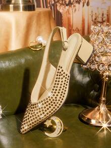 CUCCOO TILAWA Coarse-Heeled Rhinestone Rear Strap Heels - Yellow - View 6