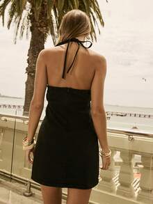 Aralina Soft Stretch Fabric Halter Neck Cross Strap Minimal Design Slim Fit Flattering Silhouette Everyday Going Out Essential Dress - Black - View 2