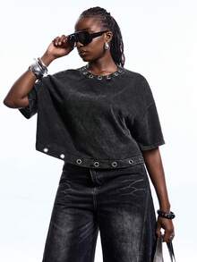 SHEIN EZwear Áo thun ngắn tay cỡ lớn chất liệu cotton đã qua xử lý, họa tiết bông tuyết, thích hợp cho mùa xuân. - màu đen - Xem 6