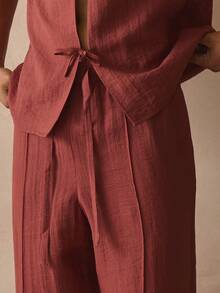 Musero 直筒加厚弹力抽绳腰带裤，前片褶裥设计，亚麻材质，春夏度假必备单品 - 棕色 - 查看 5