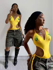 StreetHx 街头风女式系带镂空印花连体衣，夏季 - 黃色 - 查看 1