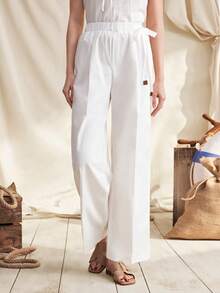 Zovinel Cotton Center Seam Single Pleat Wide Leg White Pants, Versatile And Leg Lengthening, Spring/Summer Vacation,Holiday Outfits - White - View 3