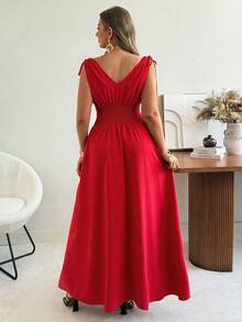 Vionelle Plus Size Women's V-Neck Pleated Cinched Waist Sleeveless Elegant Satin Red Dress,Summer Party Maxi Dresses Formal Wear - Red - View 2
