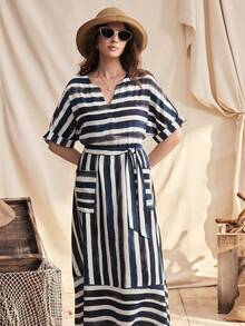 Zovinel Đầm kẻ sọc cổ chữ V mới cho nữ, thích hợp cho kỳ nghỉ xuân/hè. - Xanh và trắng - Xem 9
