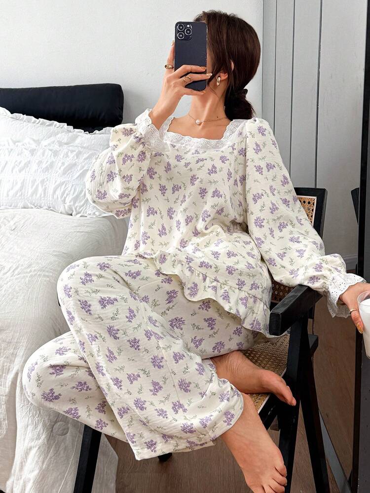 Sweet Ditsy Floral Patchwork Square Collar Lantern Sleeve Women Pajama Set