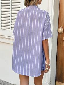 SHEIN LUNE 2件套 女士休闲彩色条纹紫色度假衬衫 - 紫色 - 查看 2