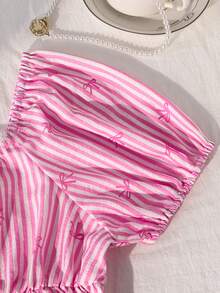 SHEIN 女童复古甜美风上衣一件：珍珠饰边+白色波点，泡泡袖短袖方领收腰设计，轻薄不蓬松，宽松舒适，适合约会/日常穿着，春夏皆宜。 - 粉色 - 查看 6