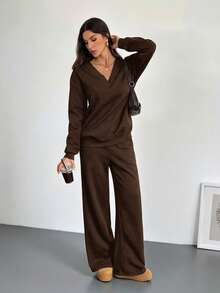 Women's Oversized V-Neck Fluffy Soft Stretch Loose Sweatshirt And Sweatpants 2 Pieces Set, Autumn/Winter Comfy Two Piece Set Brown Two Piece Set Women, Tall Women - Brown - View 3