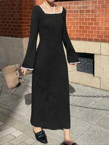 FRIFUL Women's Square Neck Criss-Cross Strap Patchwork Textured Dress Sundress - Black - View 3