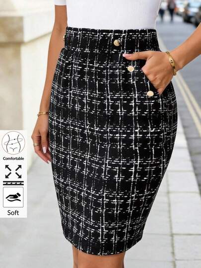 Editum Women's Elegant Faux Leather Pocket With Metal Buckle Skirt, Suitable For Work, Casual And Daily Wear In Summer Spring Summer Elegant  Formal