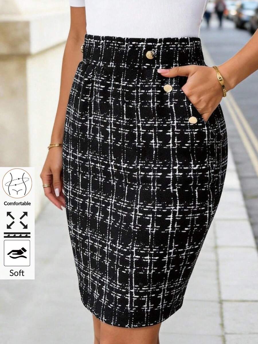 Editum 女士优雅仿皮口袋金属扣半身裙，适合夏季工作、休闲和日常穿着 - 黑與白 - 查看 1