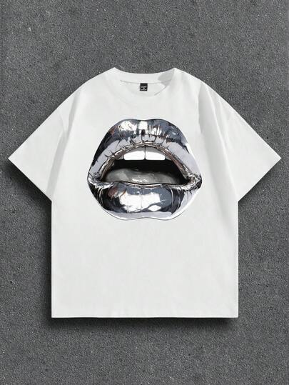 Manfinity ZONE917 男士时尚金属唇印宽松白色T恤，适合夏季穿着，送朋友的礼物