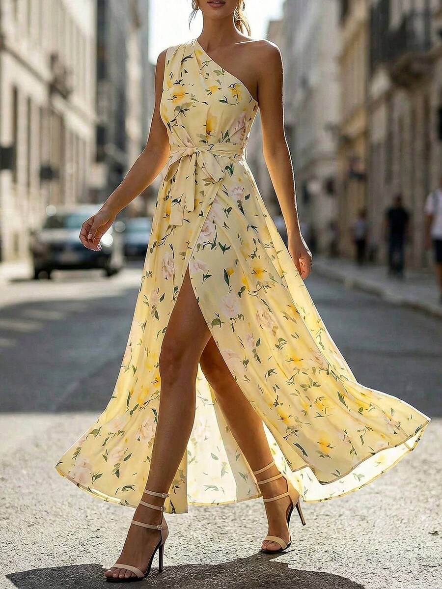 Balvessa Women's Fashion Asymmetric Neck Ruched A-Line Elegant Printed Pleated Split Dress, Suitable For Spring And Summer - Multicolor - View 1