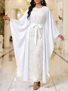 SHEIN Lady 女士撞色圆领喇叭袖系腰优雅连衣裙 - 米色 - 查看 1