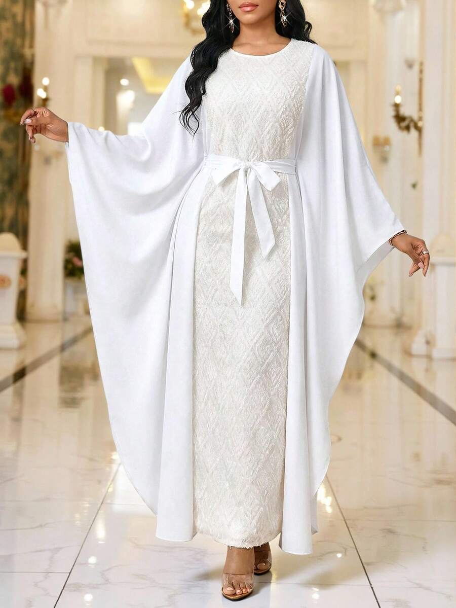 SHEIN Lady 女士撞色圆领喇叭袖系腰优雅连衣裙 - 米色 - 查看 1