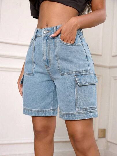 SHEIN ICON Women's Casual Multi-Pocket Denim Shorts