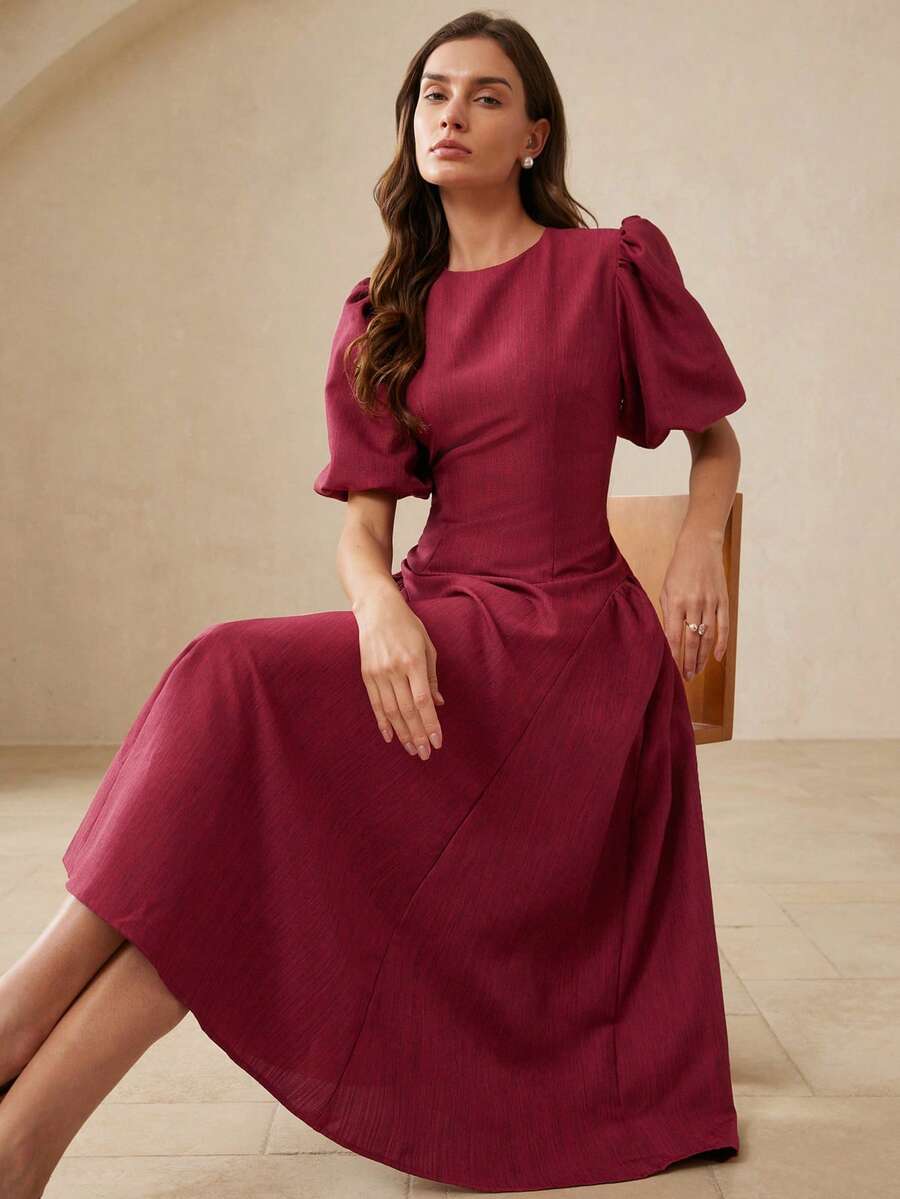 Revavyn Zweifarbiges Bambus-Knoten-Design, lässiges Bindegürtel-Maxikleid mit Puffärmeln Einfarbig - Bordeaux - Übersicht 1