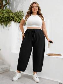 SHEIN CURVE+ Curve 尺码 US22 音乐节、海滨度假、波西米亚风女士纯色纸袋腰休闲七分裤 - 黑色 - 查看 7