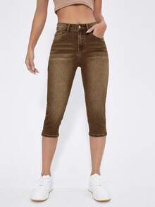 SHEIN Frenchy Women's Solid Color Minimalist Everyday Skinny Capri Length Jeans - Brown - View 3