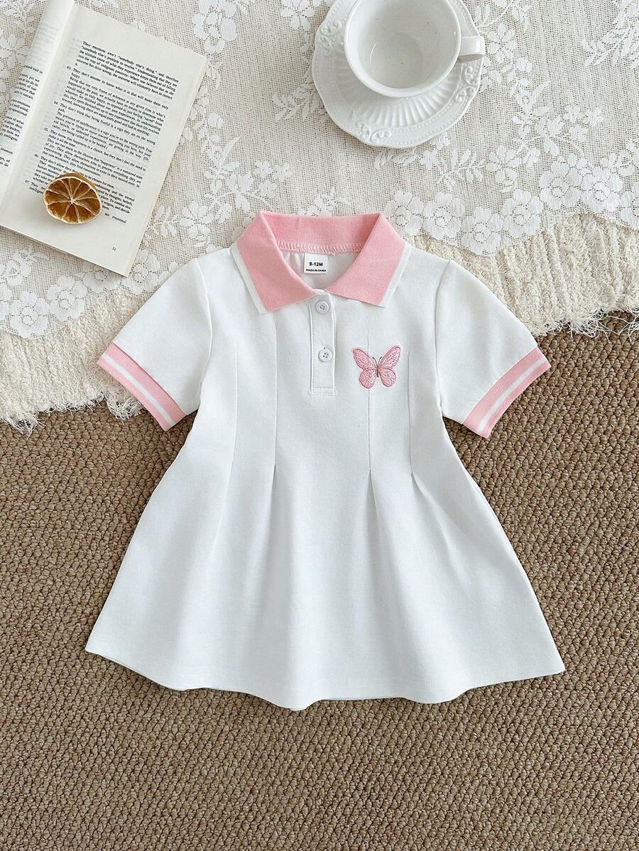 SHEIN 女婴白色休闲连衣裙，罗纹领口和袖口，适合休闲、户外、运动、派对等场合穿着。 - 白色 - 查看 1