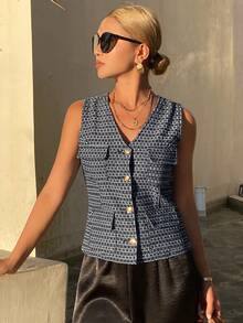 Livesso 春夏格纹休闲办公装，优雅收腰复古水洗蓝牛仔背心，适合情人节、婚礼、度假等场合。 - 藍色 - 查看 2