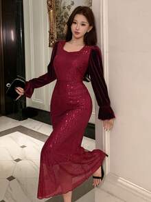 DAZY Đầm midi dài tay đính sequin cho nữ - Màu Đỏ Sâu - Xem 3