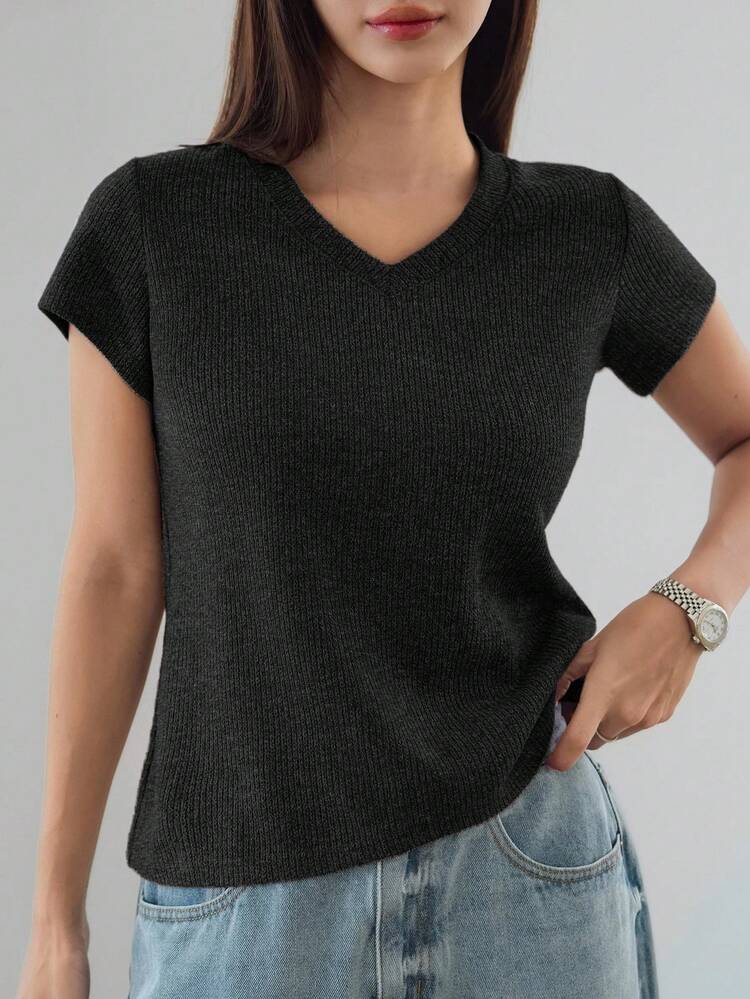 Women's Loose Casual Business V-Neck Short Sleeve T-Shirt, Versatile For Office, Street Wear, Spring & Summer