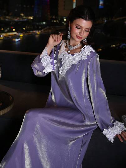 Layrah Glossy Elegant V-Neck Embroidered Ruffle Trim Loose Flared Robe For Women