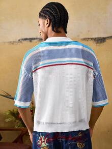 ROMWE MEN Men's Casual Contrast Striped Hollow-Out Knit Sweater - Blue - View 3