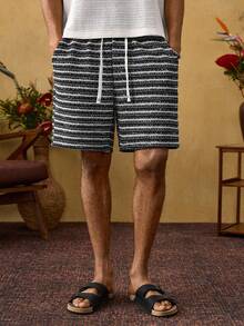 ROMWE MEN Men's Summer Casual Striped Slant Pocket Drawstring Waist Shorts - Black and White - View 1