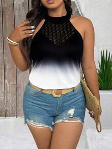 EMERY ROSE Plus Size Lace Patchwork Camisole & Tank Top, Gradient Black & White Casual Vacation Wear - Black and White - View 4