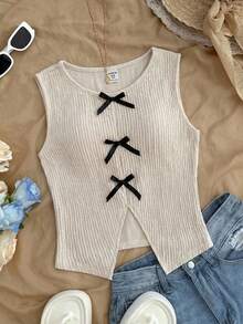 Tween Girls Cute White Crop Top With Black Bowknot Detail And Slit Hem, Summer Tops - Apricot - View 1