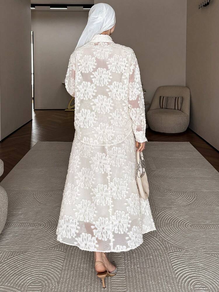 Women's Elegant Floral Lace Blouse And Skirt 2 Pieces Set, Spring/Summer