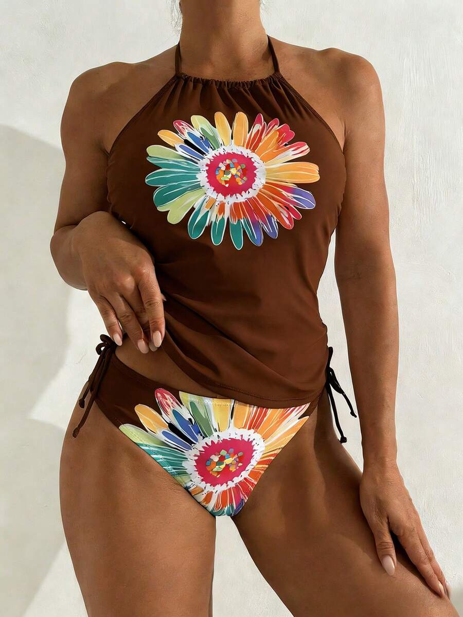 Swim Lushoire Women's Summer Beach Floral Print Halter Tie Sexy Tankini Swimwear Set - Coffee Brown - View 1