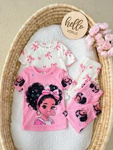 SHEIN 女婴可爱夏季紧身针织卡通图案短袖睡衣套装 - 粉色 - 查看 1