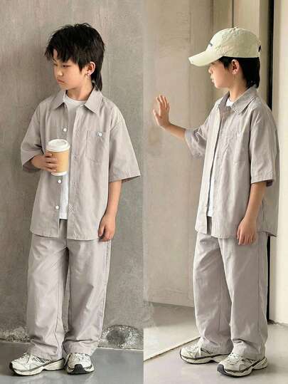 2pcs Kids/Tween Boys' Casual Comfortable Striped Polo Collar Open Front Loose Short Sleeve Shirt & Pants Set