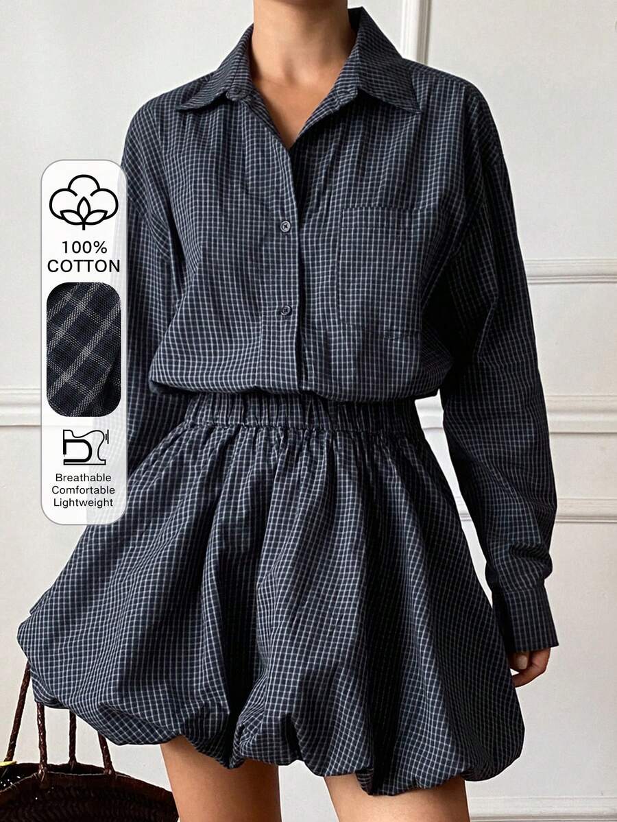 DAZY Plaid Elastic Waist Ruched Hem Shirt Dress, Casual Vacation Dress For Women, Long Sleeve, Spring/Autumn - Blue - View 1