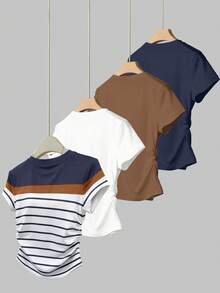 SHEIN 3件套女士户外休闲运动上衣，夏季新款，咖啡色、棕色、白色、蓝色、多色条纹，蓝色修身腰部女士T恤 - 彩色 - 查看 2