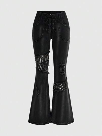 ROMWE Grunge Punk Jeans acampanados casuales de mujer con decoración de remaches