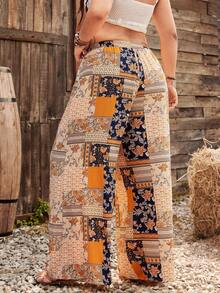 Ceyna Plus Size Straight Loose Drawstring Pants, Multi-Color, Suitable For Spring & Summer Music Festival Pants Boho Pants For Women Patchwork Pants Bohemian Trousers Wide Leg Pants Woman High Waist Boho Women's Clothing - Multicolor - View 2