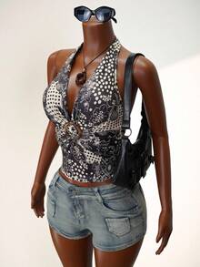 Mistrie Áo hai dây croptop cổ yếm họa tiết hoa và chấm bi dành cho nữ, thích hợp cho kỳ nghỉ hè. - Nhiều màu - Xem 3