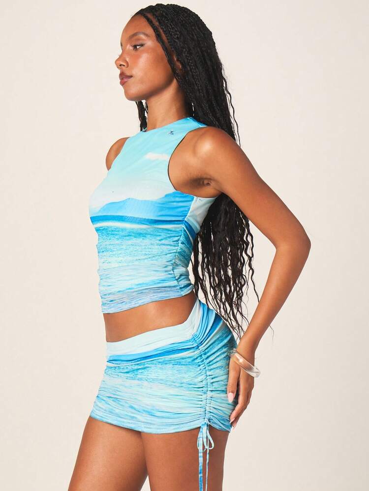 MISSGUIDED Jupe mini froncée à imprimé vague océanique avec détail de cordon latéral, parfaite pour les vacances à la plage, les fêtes d'été, ajustée et moulante