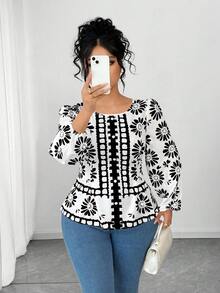 SHEIN Elenzya 女士圆领修身长袖印花衬衫，休闲外套 - 黑色 - 查看 5