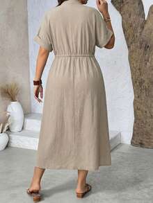 Linhara Sukienka letnia, swobodna, z dekoltem w serek i ściągaczem w pasie, w dużym rozmiarze i krótkim rękawem - Morela - Zobacz 2