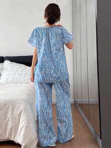 DAZY Bộ đồ ngủ nữ dáng rộng có dây rút in họa tiết nhuộm tie-dye, thích hợp cho mùa hè. - Màu xanh lam - Xem 2