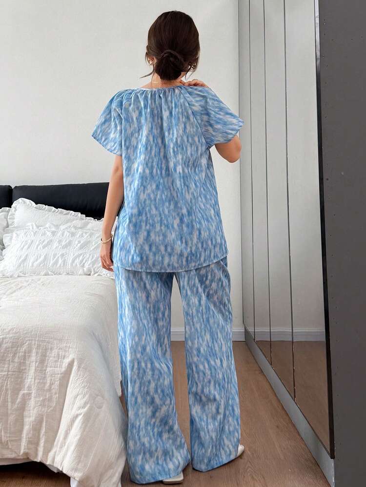 Tie-Dye Print Loose Drawstring Women Pajama Set, Summer
