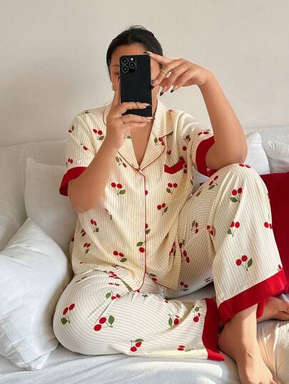 Dream Adore Striped Cherry Print Trim Contrast Color Short Sleeve & Pants Cute Plus Size Pajama Set Cherry Outfit Women Curve Pajamas Set Cherry Pajama Set Pajama Sets For Women Summer Sleep Wear Women Summer