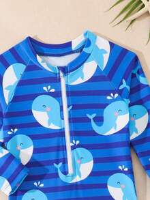 SHEIN Baby Boy One-Piece Swimsuit, Long Sleeve & Pants, Zipper Design For Easy Wear, Knitted Fabric, Cute Dolphin Digital Print Beach Swimwear - Blue - View 5