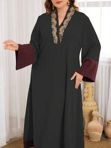 Al Najma Elegant Round Neck Color Block Plus Size Dress, Modest Kaftan Maxi Dresses, For Evening Party/Wedding Guest/Anniversary - Black - View 4