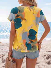 Sylviya Women's Casual Retro Floral Pattern Round Neck Short Sleeve Shirt, Suitable For Summer Suitable For Going Out Chic Blouses For Women - Yellow - View 2